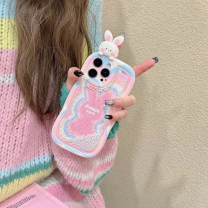 Cute Bunny Moving Pearls Glitter Cover (with Lanyard)